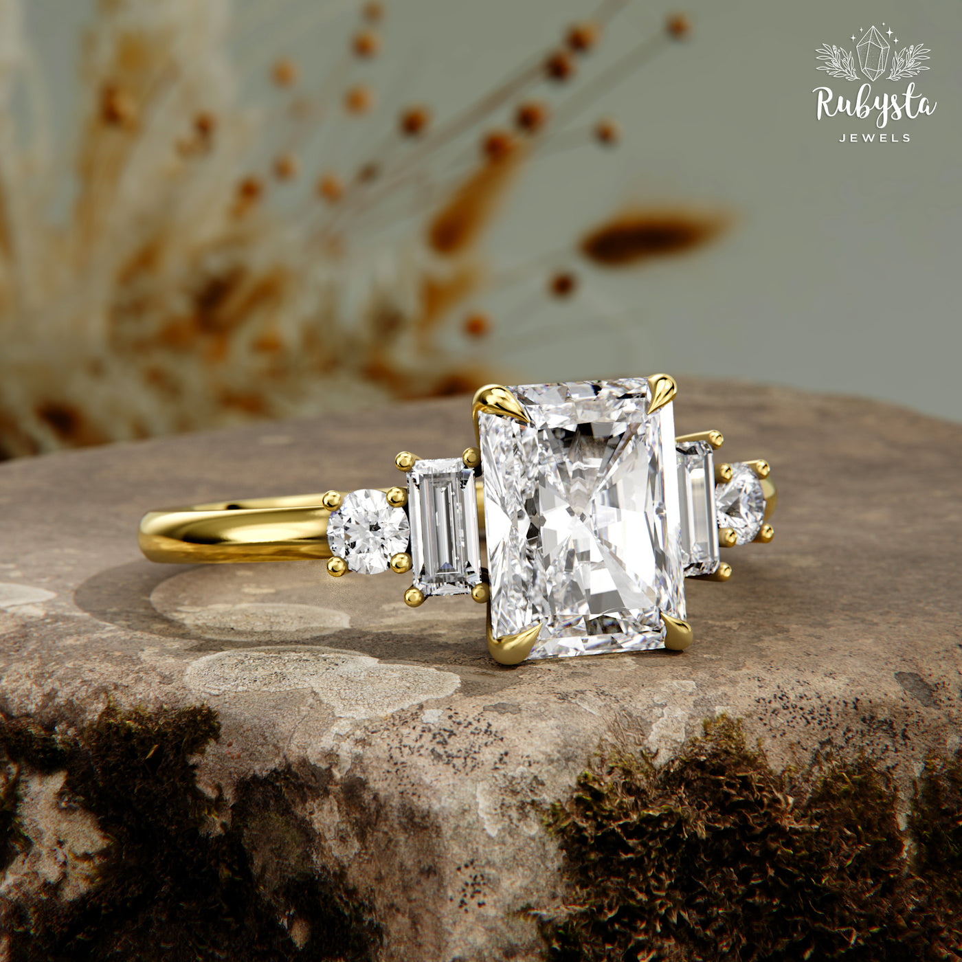 Lab Grown Radiant Cut Diamond Ring, Gold Baguette & Round Brilliant Engagement Ring