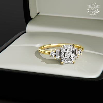 Lab Grown Radiant Cut Diamond Ring, Gold Baguette & Round Brilliant Engagement Ring