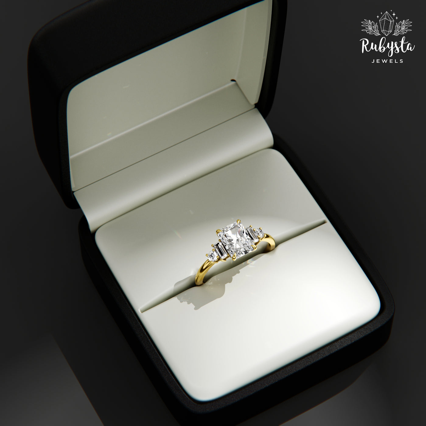 Lab Grown Radiant Cut Diamond Ring, Gold Baguette & Round Brilliant Engagement Ring