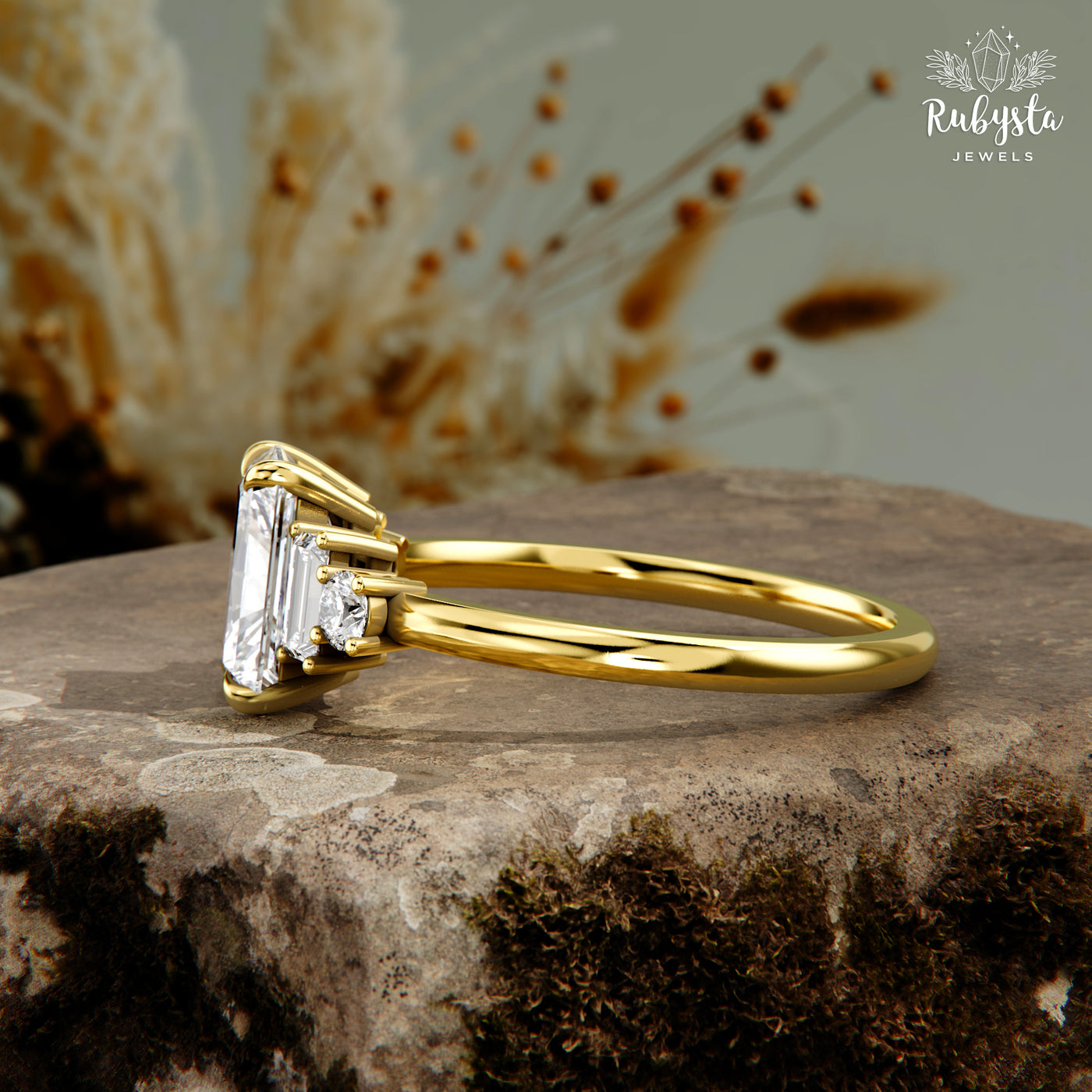 Lab Grown Radiant Cut Diamond Ring, Gold Baguette & Round Brilliant Engagement Ring