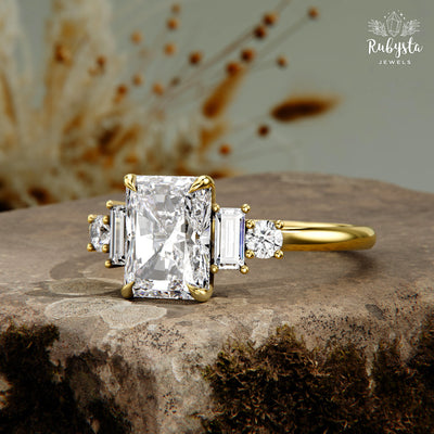 Lab Grown Radiant Cut Diamond Ring, Gold Baguette & Round Brilliant Engagement Ring