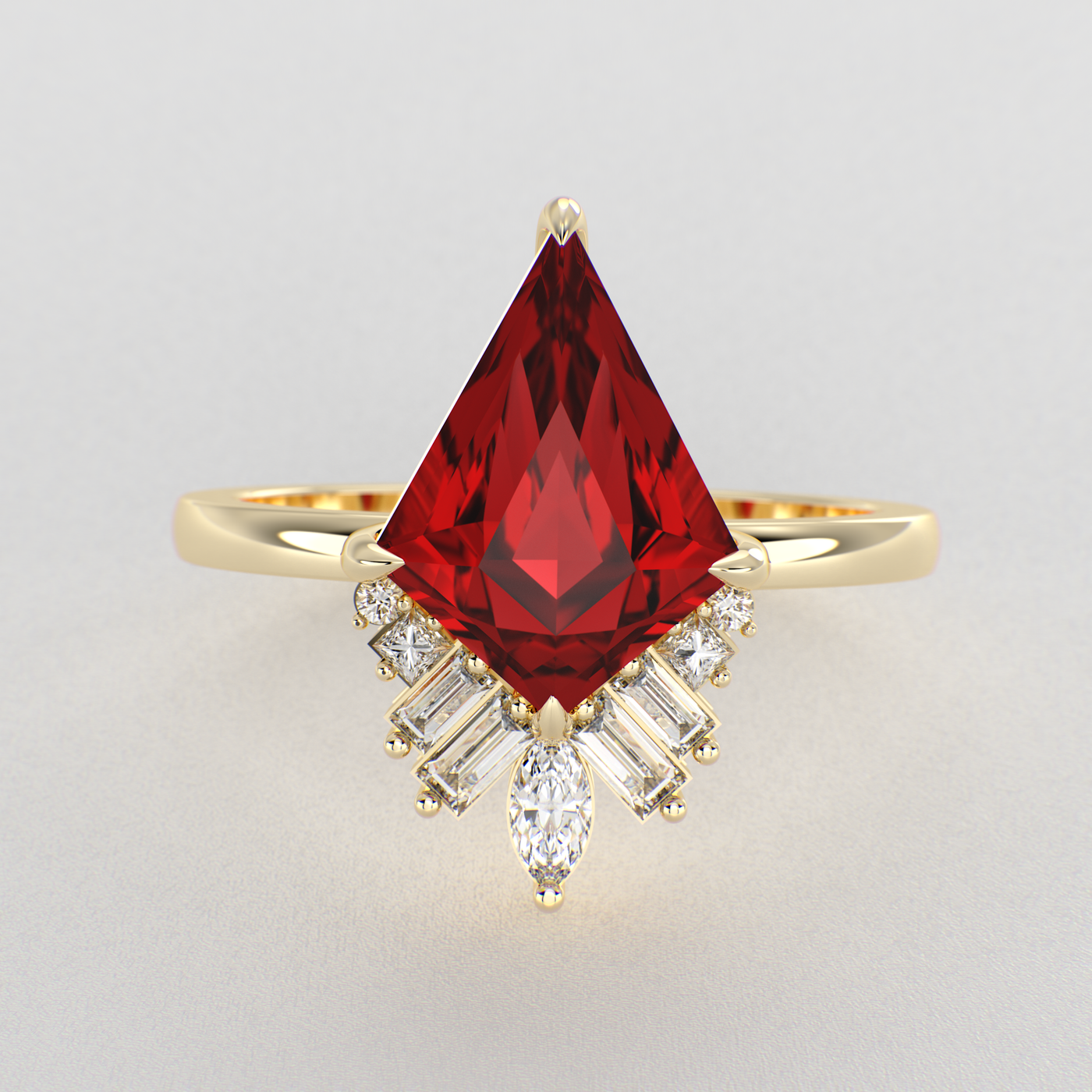 Red Ruby Kite Shape Symphony: A Perfect Mix of Princess, Baguette, and Marquise Shapes