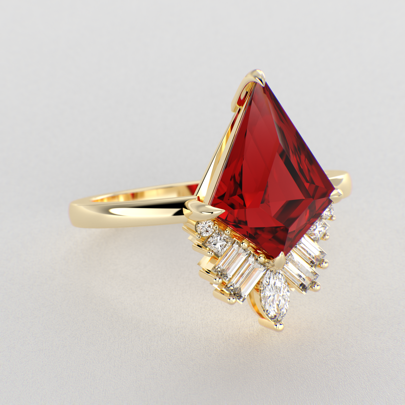 Red Ruby Kite Shape Symphony: A Perfect Mix of Princess, Baguette, and Marquise Shapes