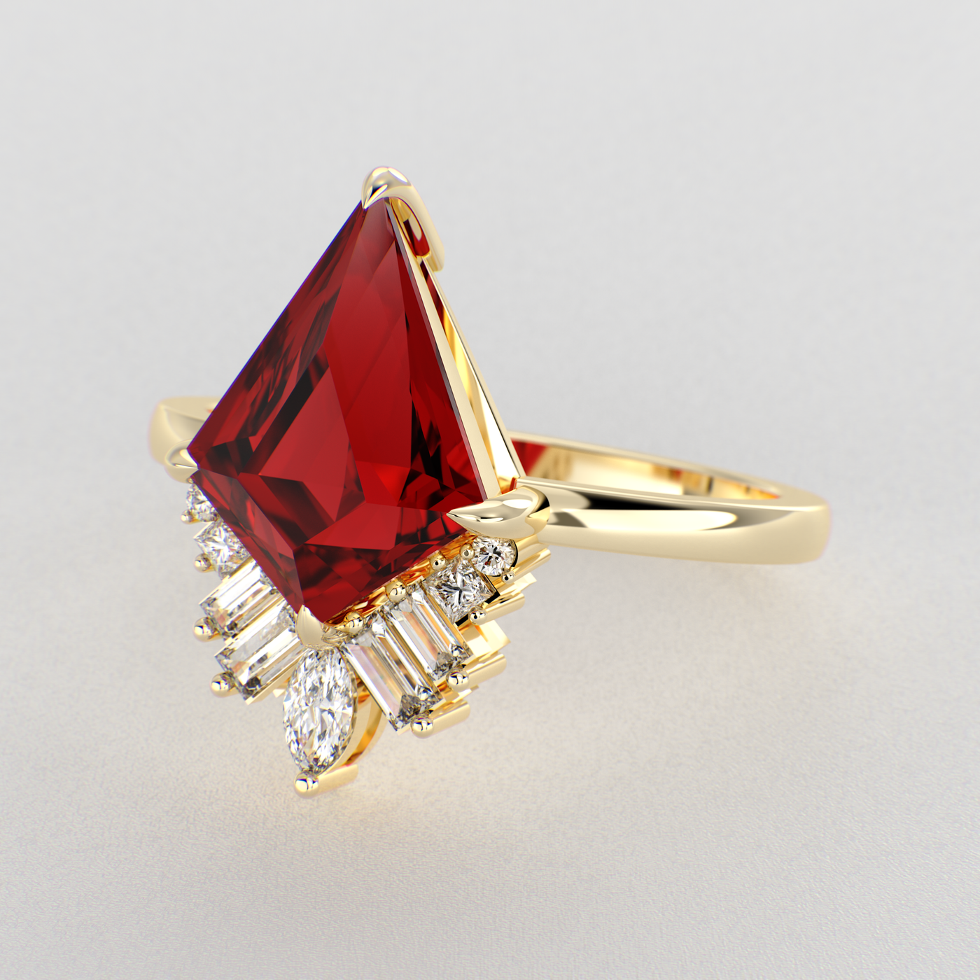 Red Ruby Kite Shape Symphony: A Perfect Mix of Princess, Baguette, and Marquise Shapes