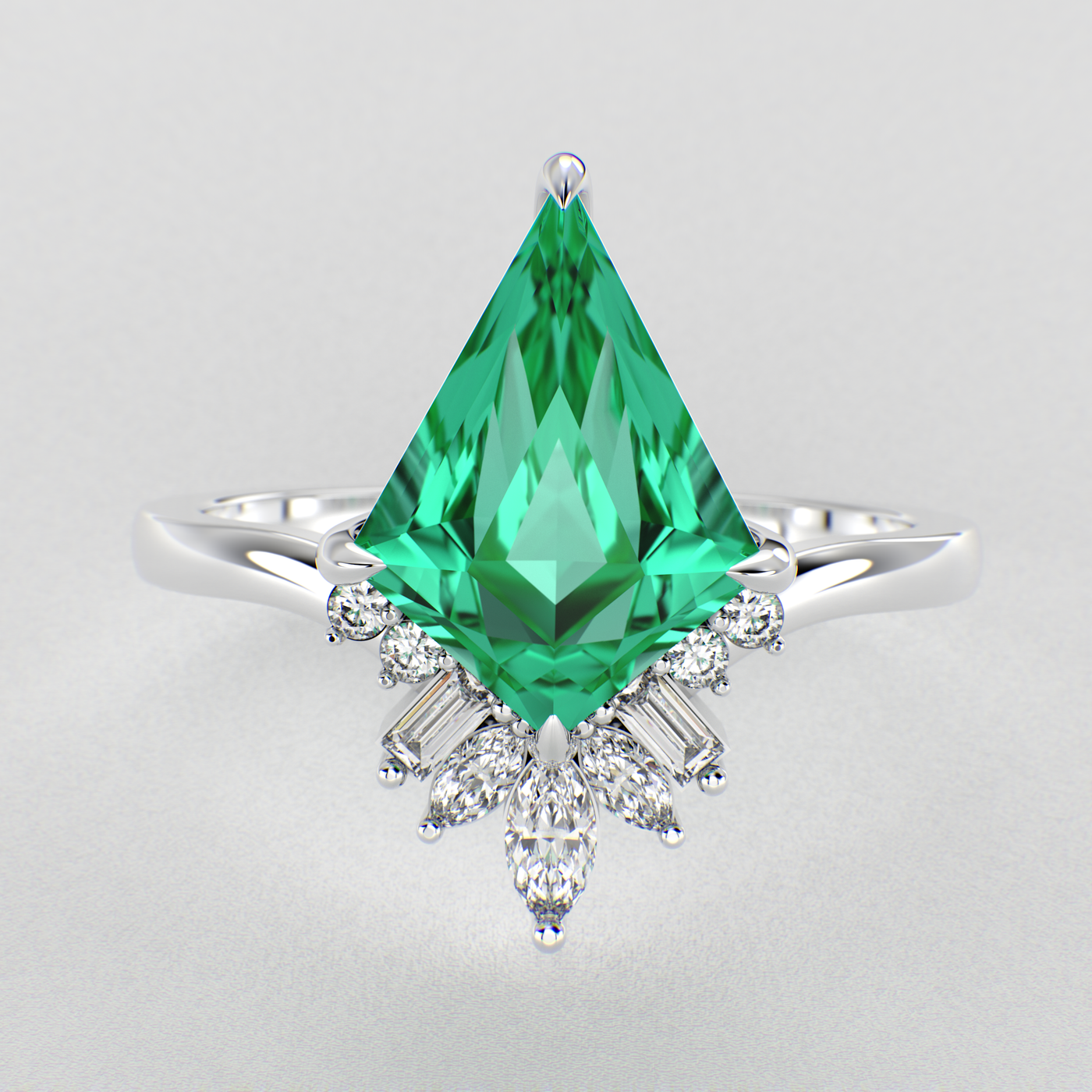 Eternal Love: Green Emerald Kite Shape Ring with a Unique Mix of Round