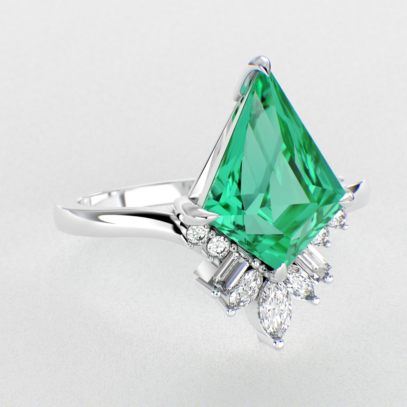 Eternal Love: Green Emerald Kite Shape Ring with a Unique Mix of Round