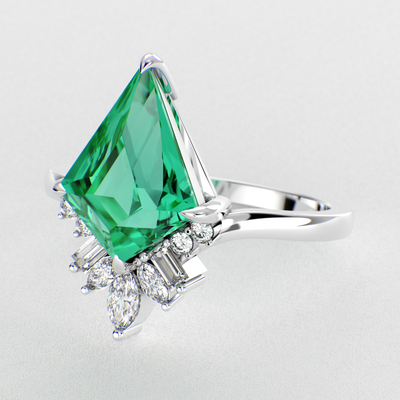 Eternal Love: Green Emerald Kite Shape Ring with a Unique Mix of Round