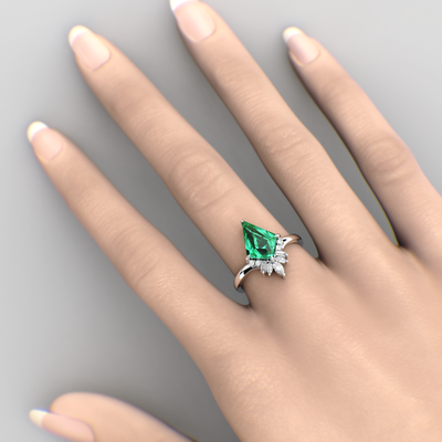 Eternal Love: Green Emerald Kite Shape Ring with a Unique Mix of Round