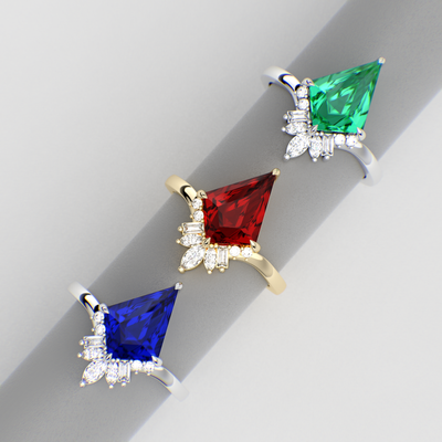 Eternal Love: Red Ruby Kite Shape Ring with a Unique Mix of Round, Baguette & Marquise Shapes