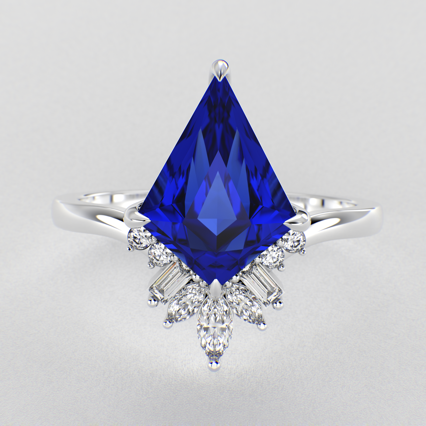 Eternal Love: Blue Sapphire Kite Shape Ring with a Unique Mix of Round, Baguette & Marquise Shapes