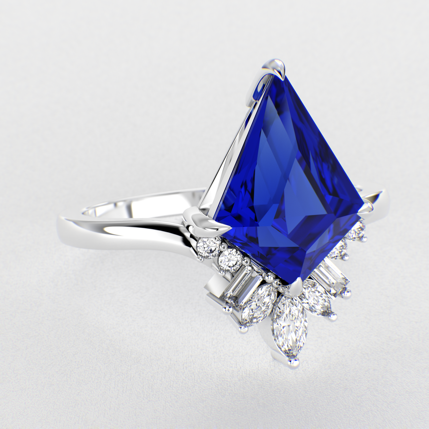 Eternal Love: Blue Sapphire Kite Shape Ring with a Unique Mix of Round, Baguette & Marquise Shapes