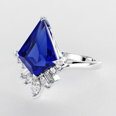 Eternal Love: Blue Sapphire Kite Shape Ring with a Unique Mix of Round, Baguette & Marquise Shapes