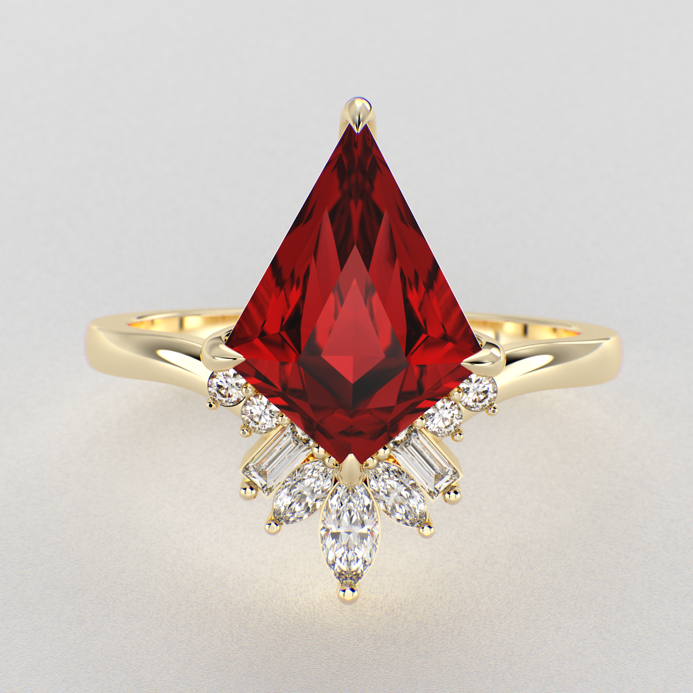 Eternal Love: Red Ruby Kite Shape Ring with a Unique Mix of Round, Baguette & Marquise Shapes