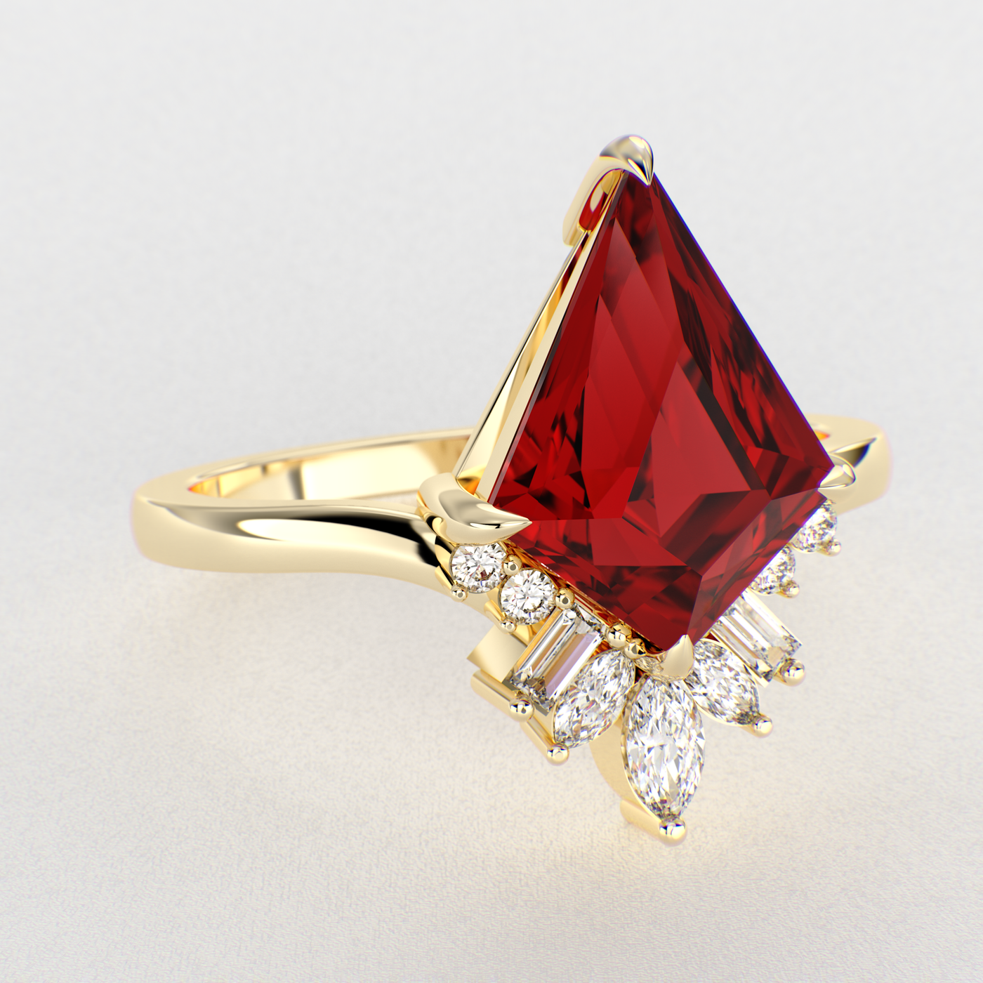 Eternal Love: Red Ruby Kite Shape Ring with a Unique Mix of Round, Baguette & Marquise Shapes