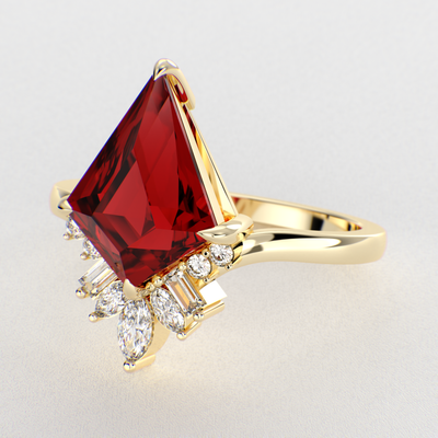 Eternal Love: Red Ruby Kite Shape Ring with a Unique Mix of Round, Baguette & Marquise Shapes