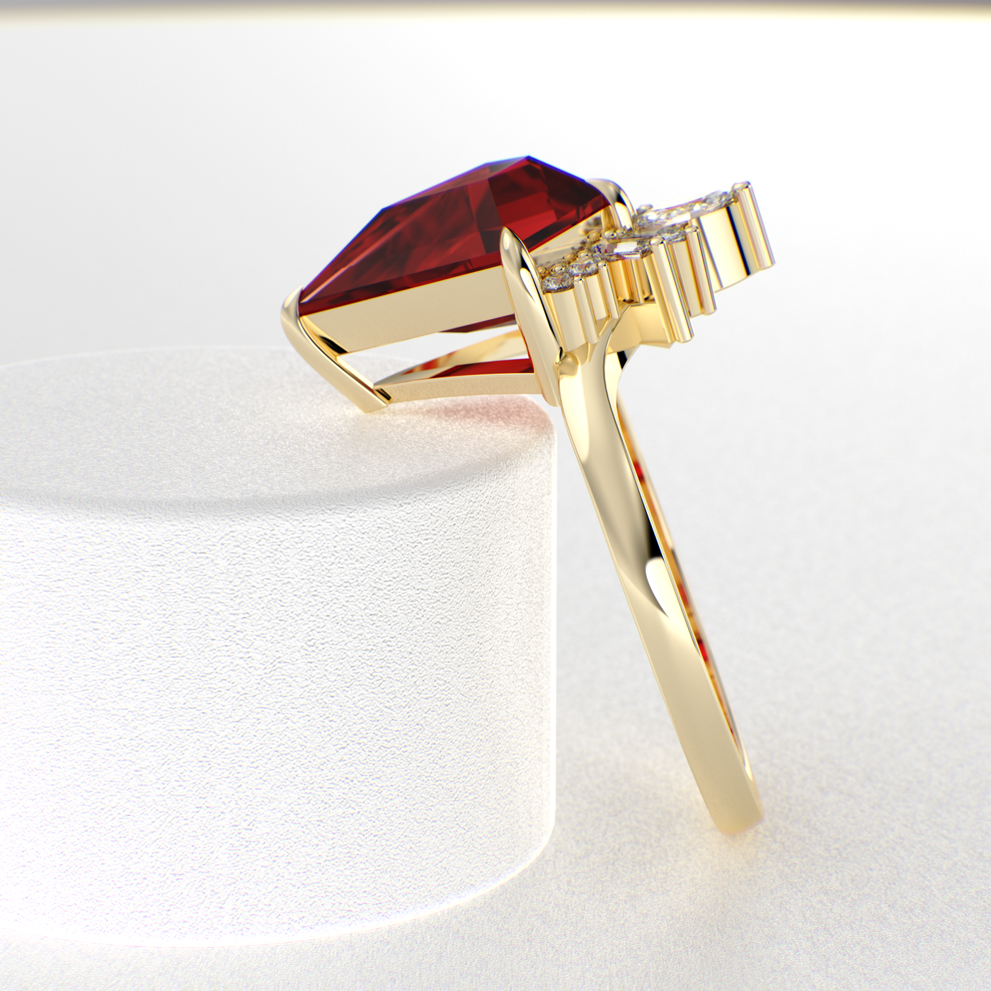 Eternal Love: Red Ruby Kite Shape Ring with a Unique Mix of Round, Baguette & Marquise Shapes