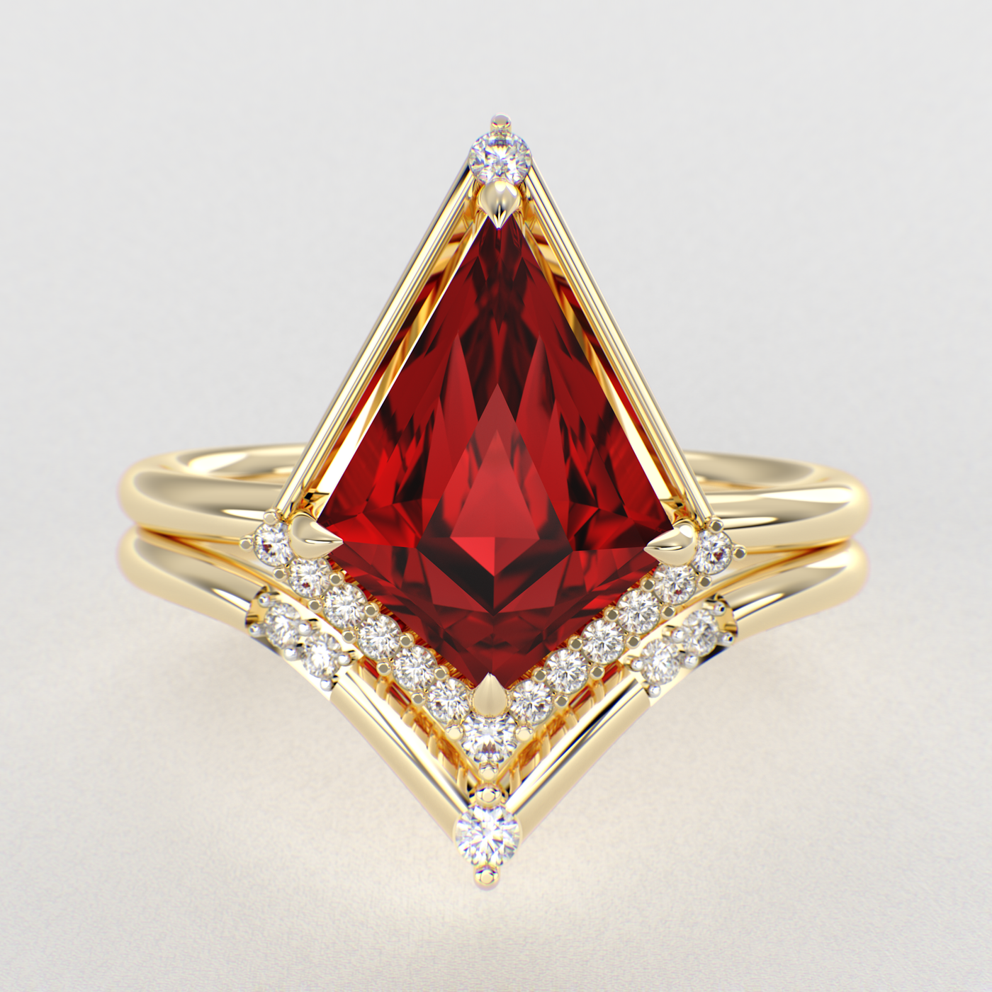 Eternal Elegance: Red Ruby Kite Shape Ring with Dazzling Round Brilliant Sparkle