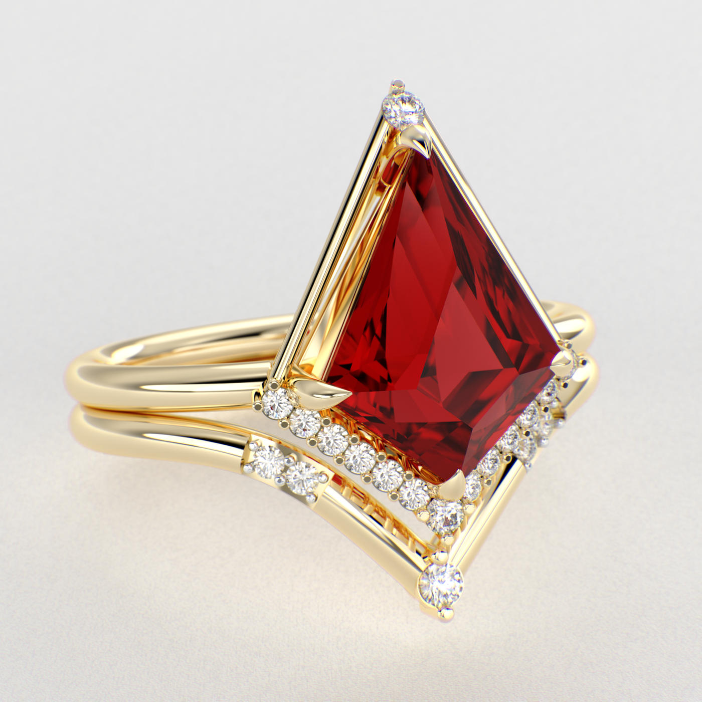 Eternal Elegance: Red Ruby Kite Shape Ring with Dazzling Round Brilliant Sparkle