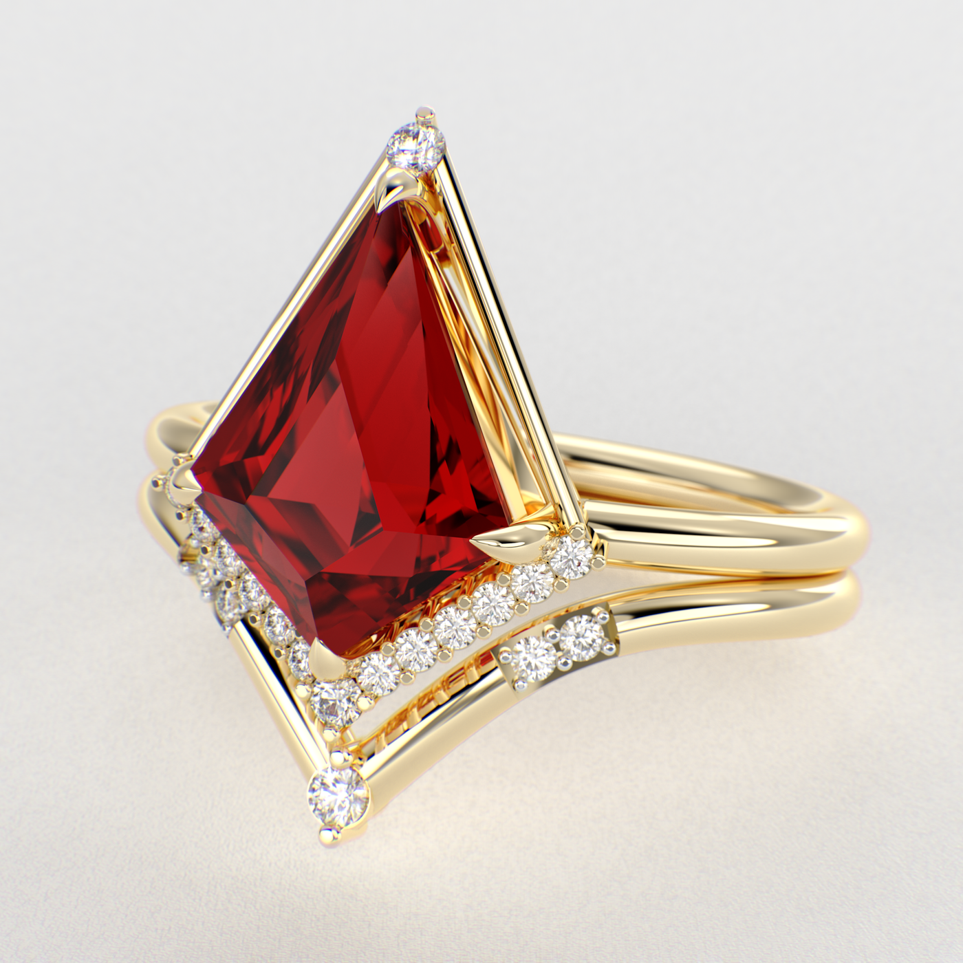 Eternal Elegance: Red Ruby Kite Shape Ring with Dazzling Round Brilliant Sparkle