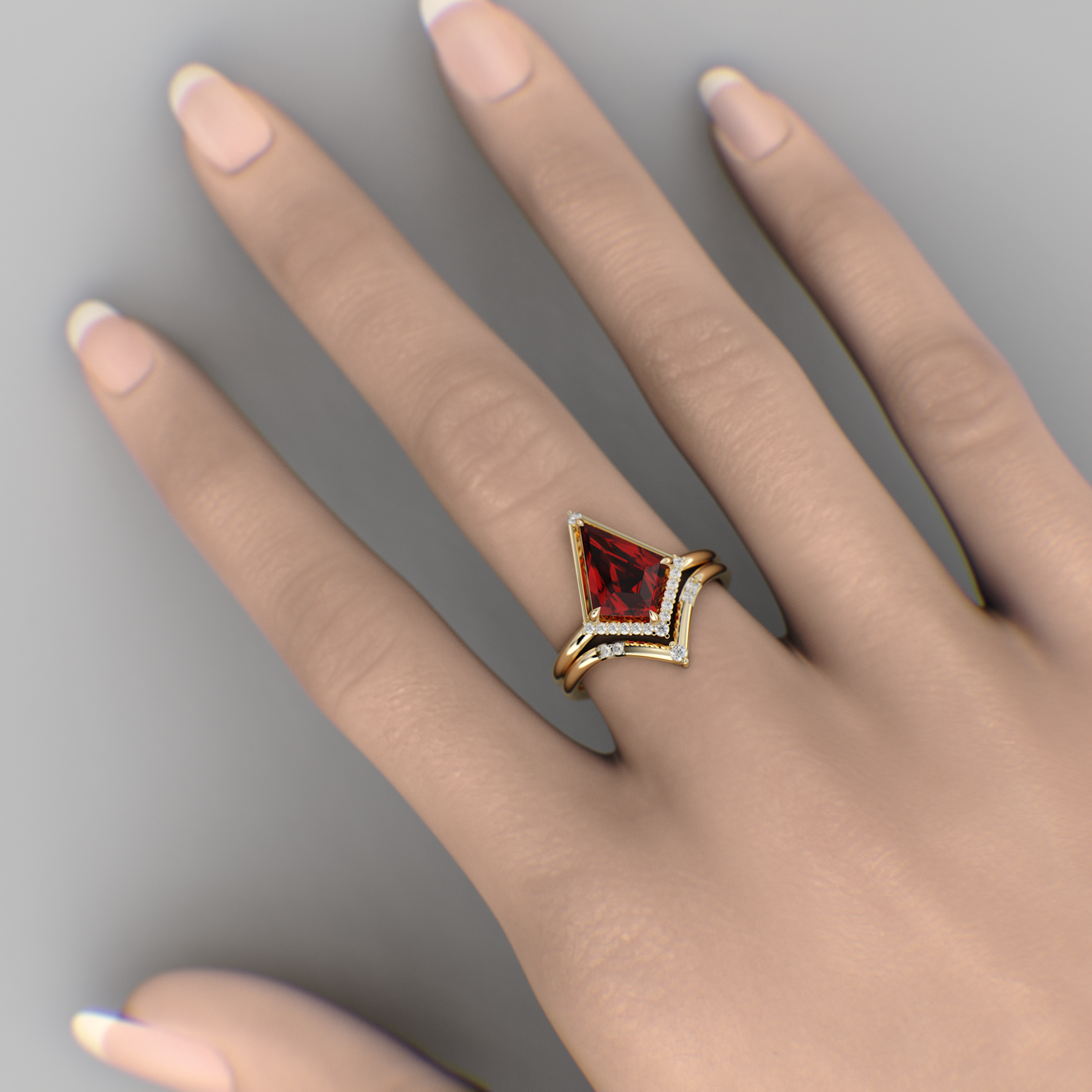 Eternal Elegance: Red Ruby Kite Shape Ring with Dazzling Round Brilliant Sparkle