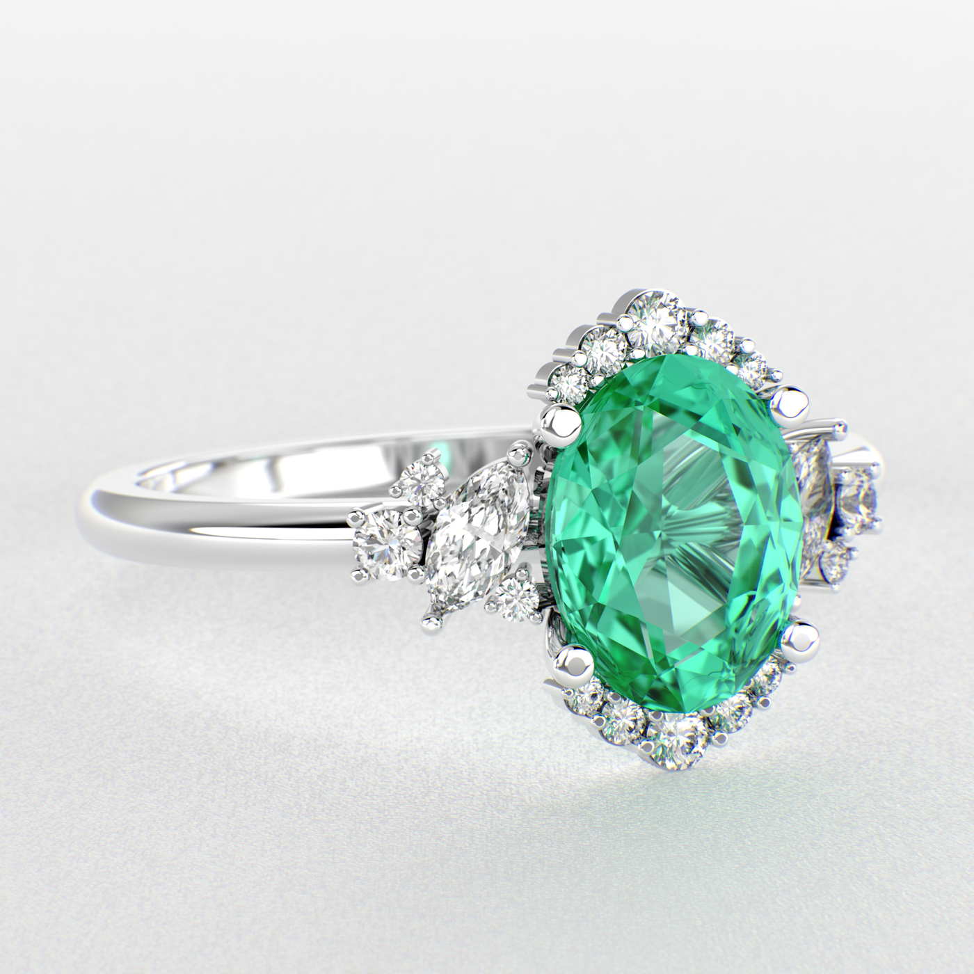 A Dazzling Trio: Green Oval Shape Emerald, Round, and Marquise Diamonds Setting New Trends