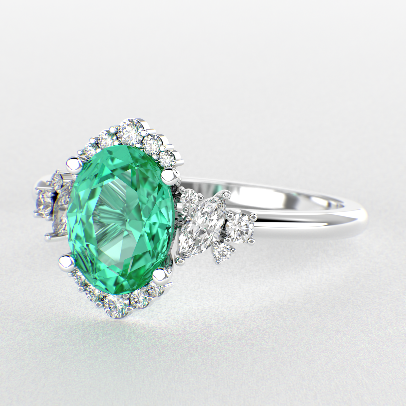 A Dazzling Trio: Green Oval Shape Emerald, Round, and Marquise Diamonds Setting New Trends