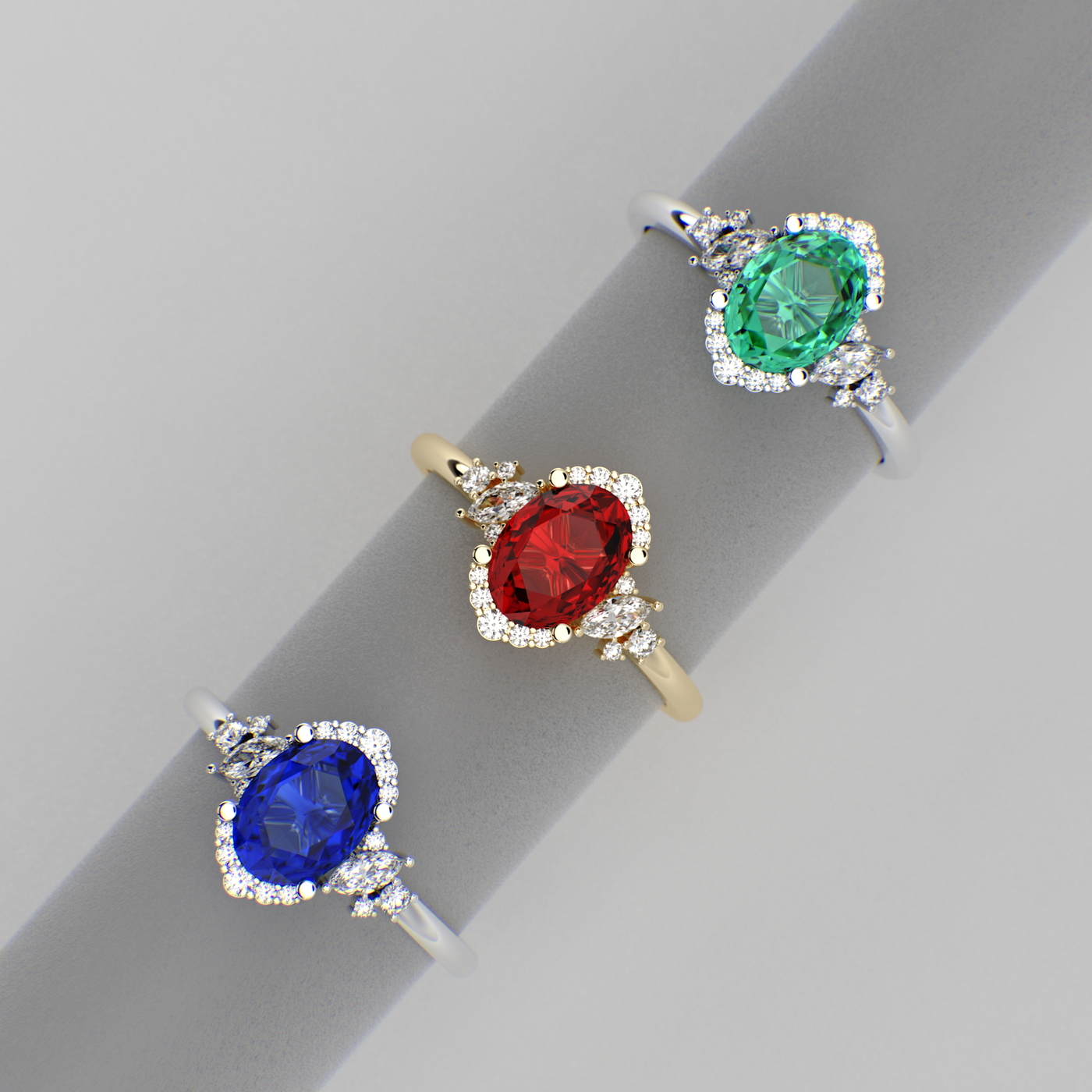 A Dazzling Trio: Red Oval Shape Ruby, Round, and Marquise Diamonds Setting New Trends