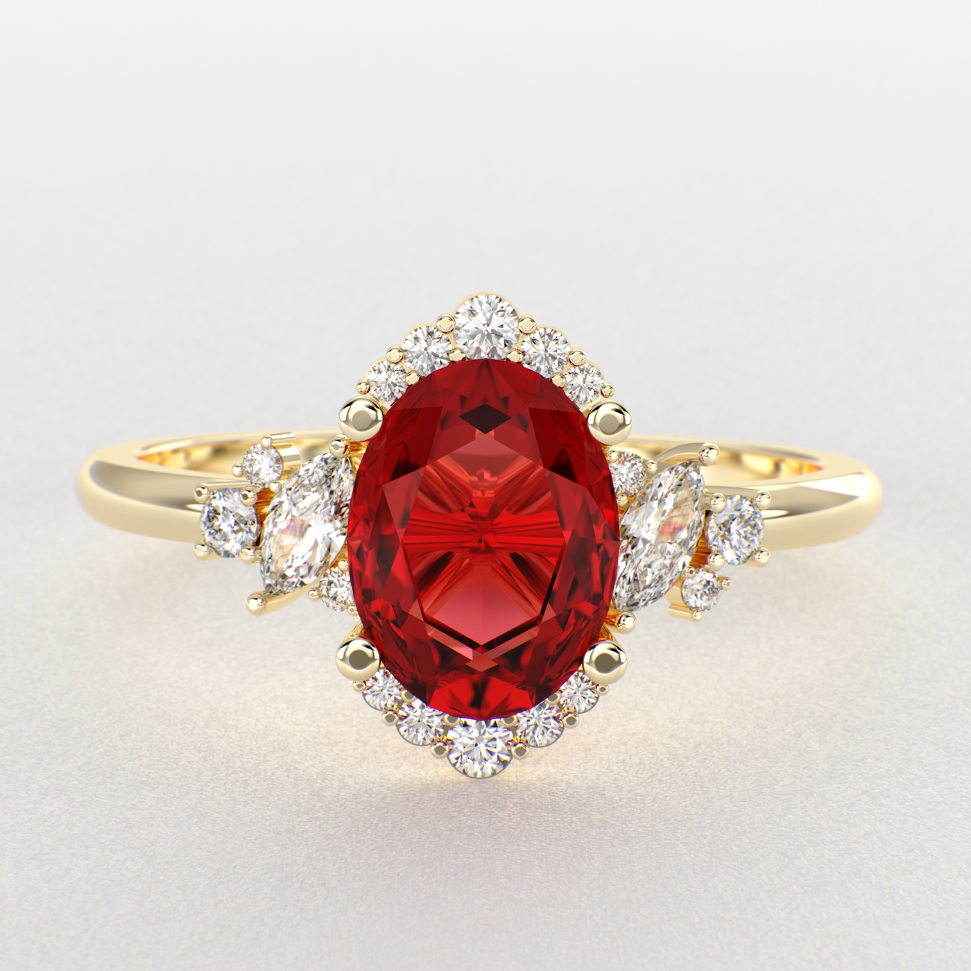 A Dazzling Trio: Red Oval Shape Ruby, Round, and Marquise Diamonds Setting New Trends