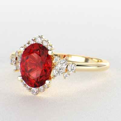 A Dazzling Trio: Red Oval Shape Ruby, Round, and Marquise Diamonds Setting New Trends