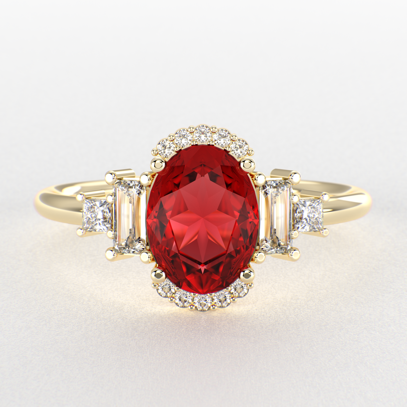 Red Ruby Magic: Oval, Baguette, and Princess Cut Diamonds in Perfect Harmony