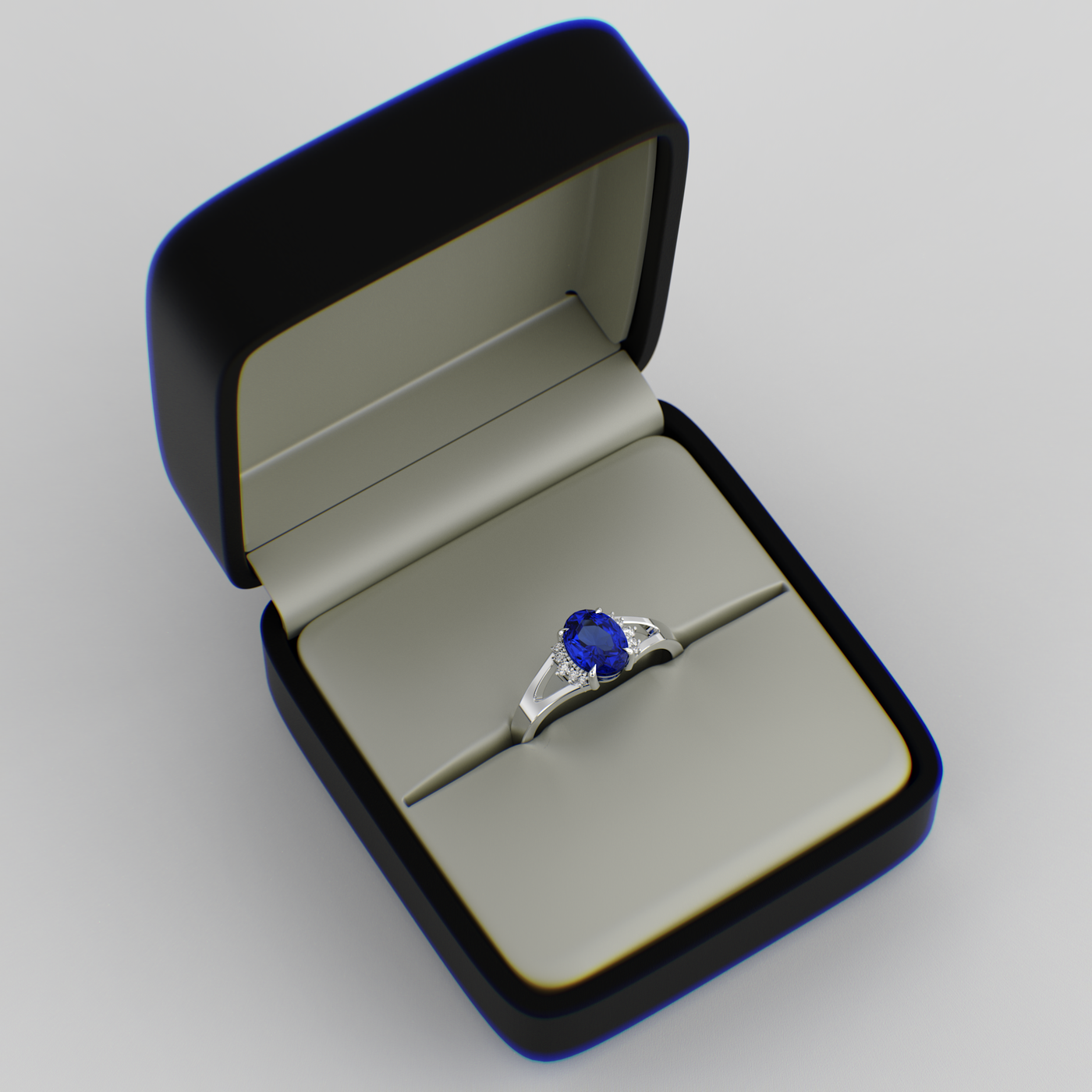 Gleaming Oval & Round Blue Sapphire Ring with Brilliant Sparkle