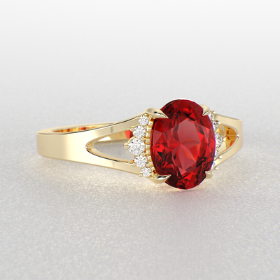 Gleaming Oval & Round Red Ruby Ring with Brilliant Sparkle