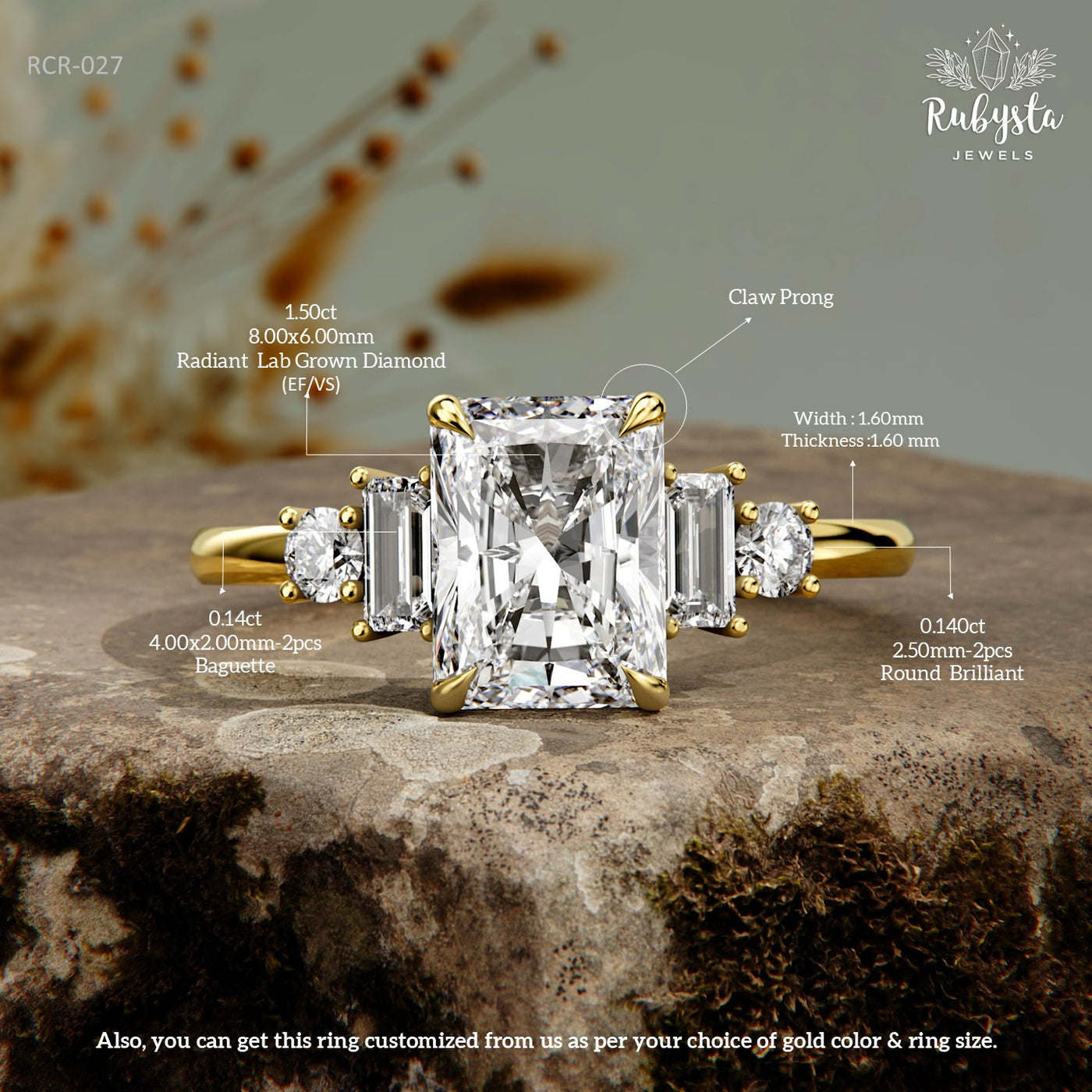 Lab Grown Radiant Cut Diamond Ring, Gold Baguette & Round Brilliant Engagement Ring