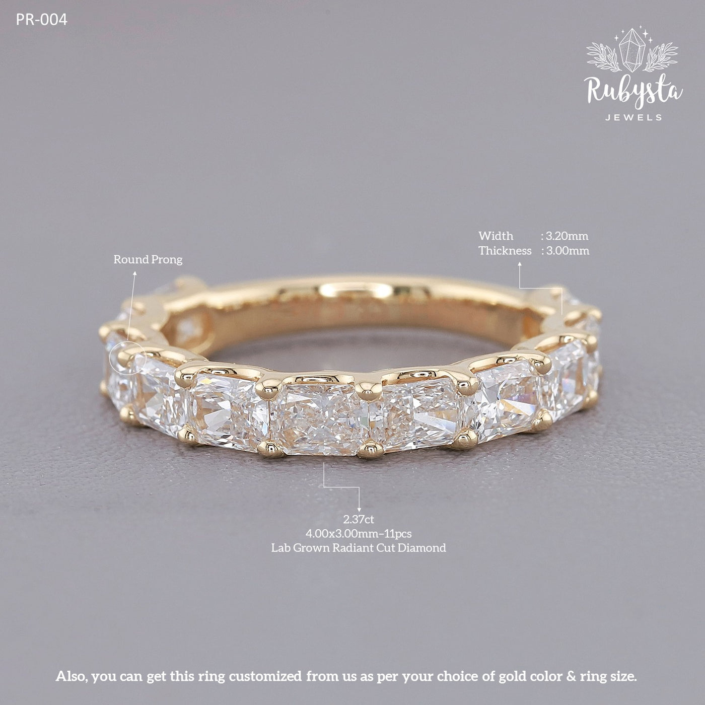 2.37ct Lab Grown Radiant Cut Diamond Eternity Ring | Round Prong Setting | Custom Yellow Gold Band