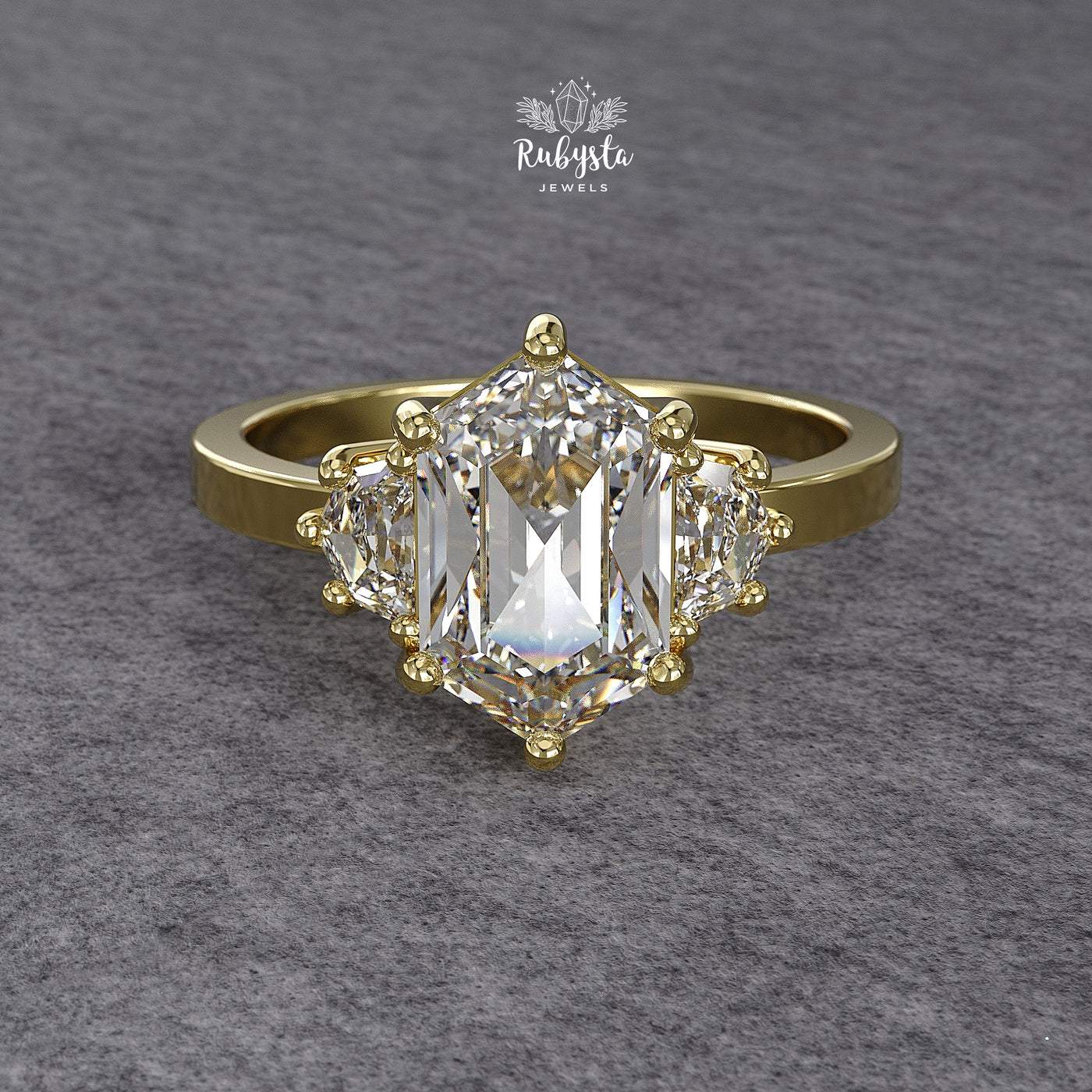 Hexagon Three-Stone Lab Diamond Engagement Ring in Yellow Gold