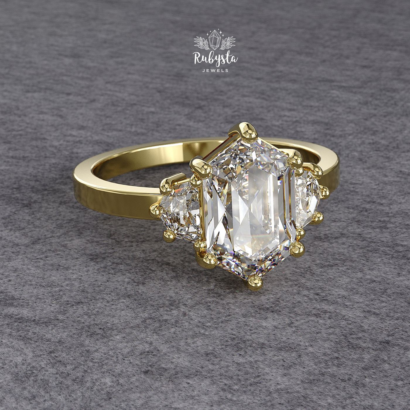 Hexagon Three-Stone Lab Diamond Engagement Ring in Yellow Gold