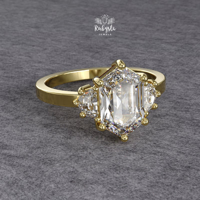 Hexagon Three-Stone Lab Diamond Engagement Ring in Yellow Gold