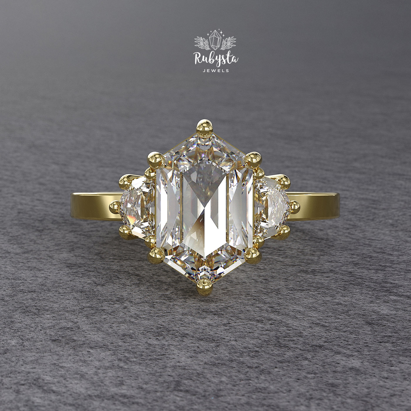 Hexagon Three-Stone Lab Diamond Engagement Ring in Yellow Gold