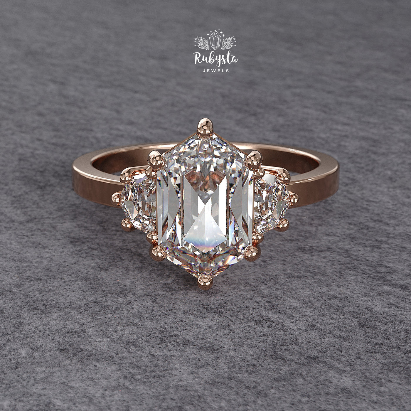 Hexagon Three-Stone Lab Diamond Engagement Ring in Yellow Gold