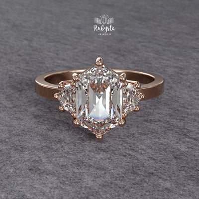 Hexagon Three-Stone Lab Diamond Engagement Ring in Yellow Gold