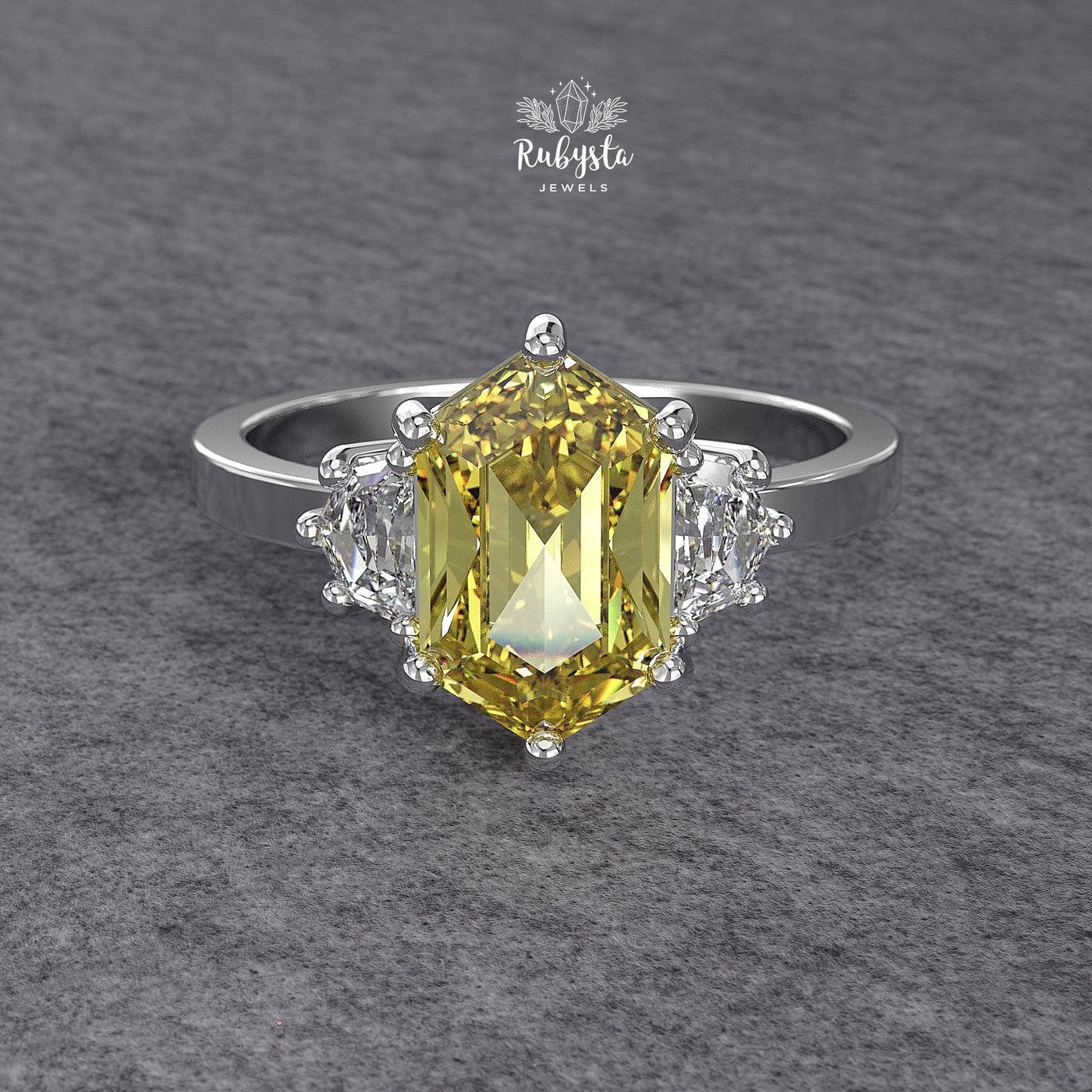 Hexagon Yellow Lab Diamond Three-Stone Engagement Ring