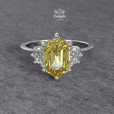 Hexagon Yellow Lab Diamond Three-Stone Engagement Ring