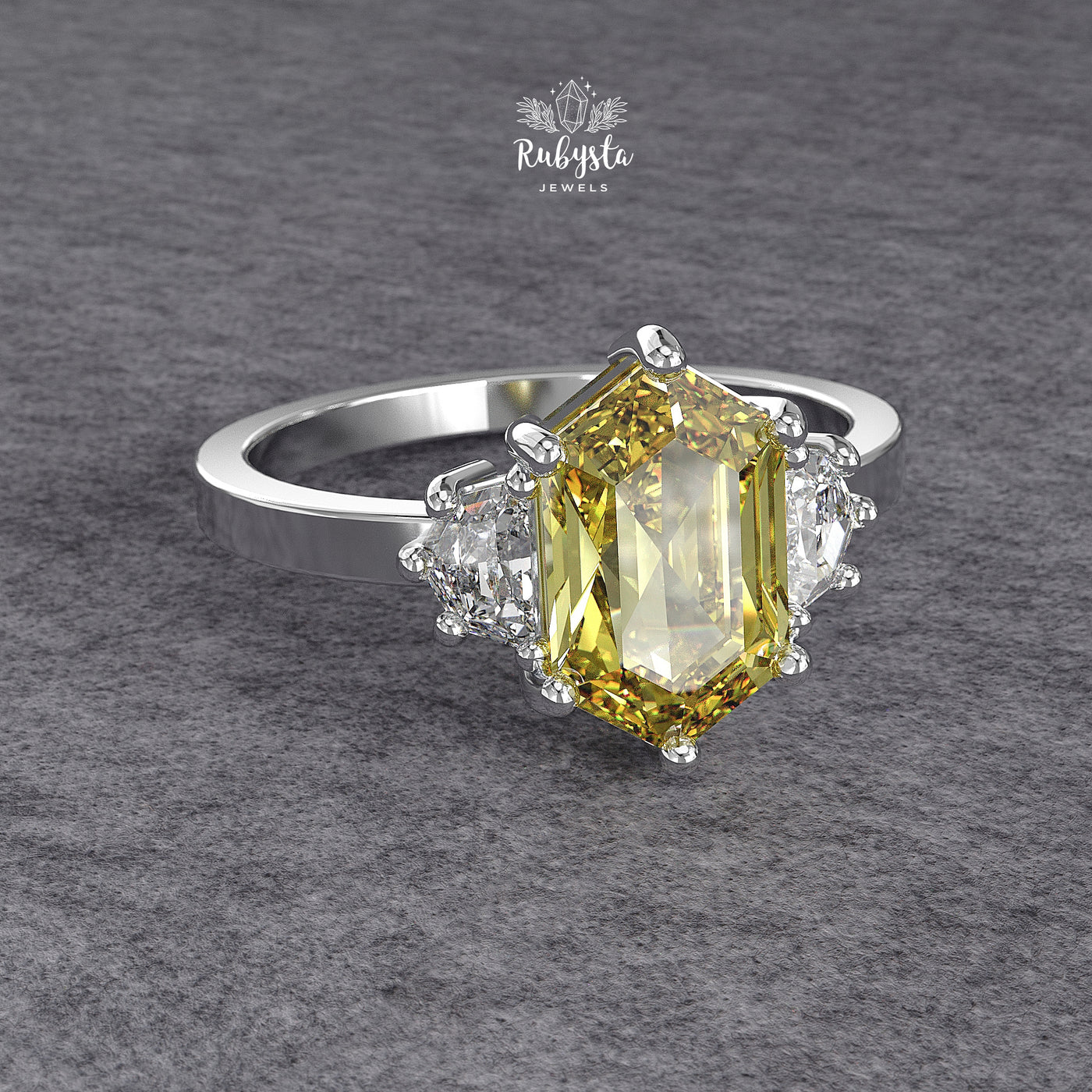 Hexagon Yellow Lab Diamond Three-Stone Engagement Ring