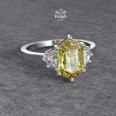 Hexagon Yellow Lab Diamond Three-Stone Engagement Ring