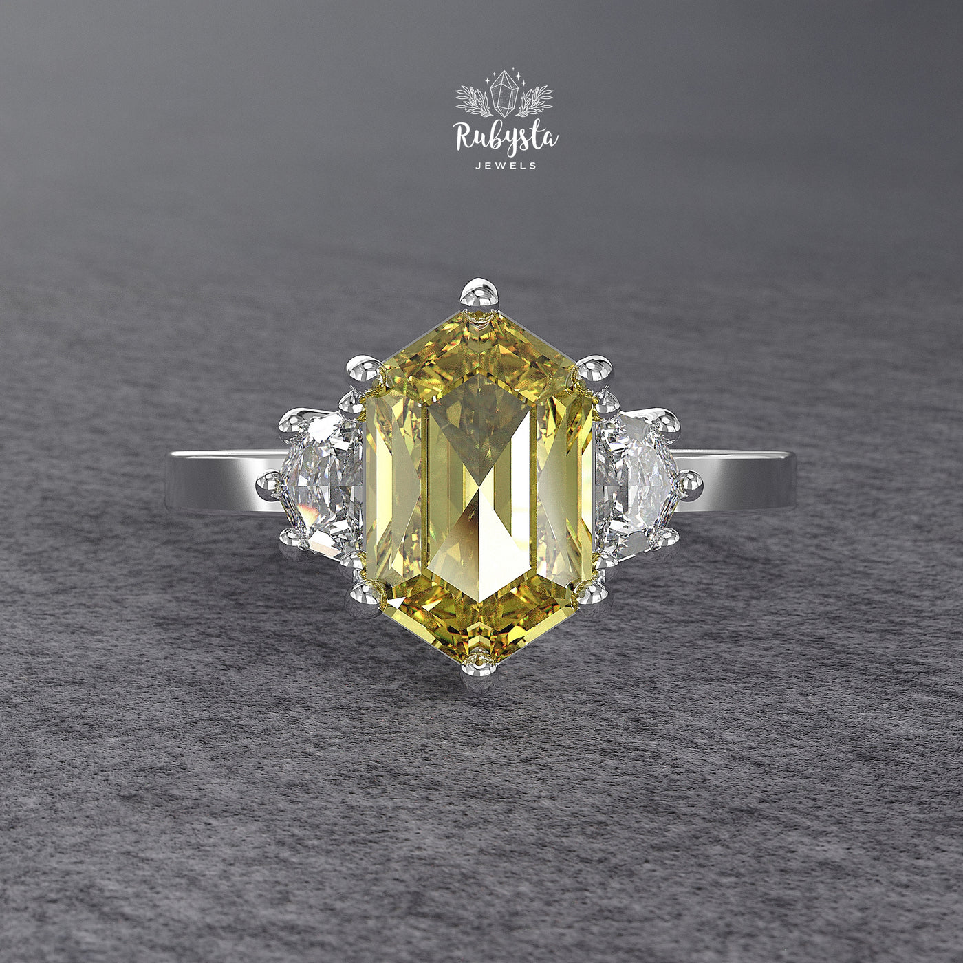 Hexagon Yellow Lab Diamond Three-Stone Engagement Ring