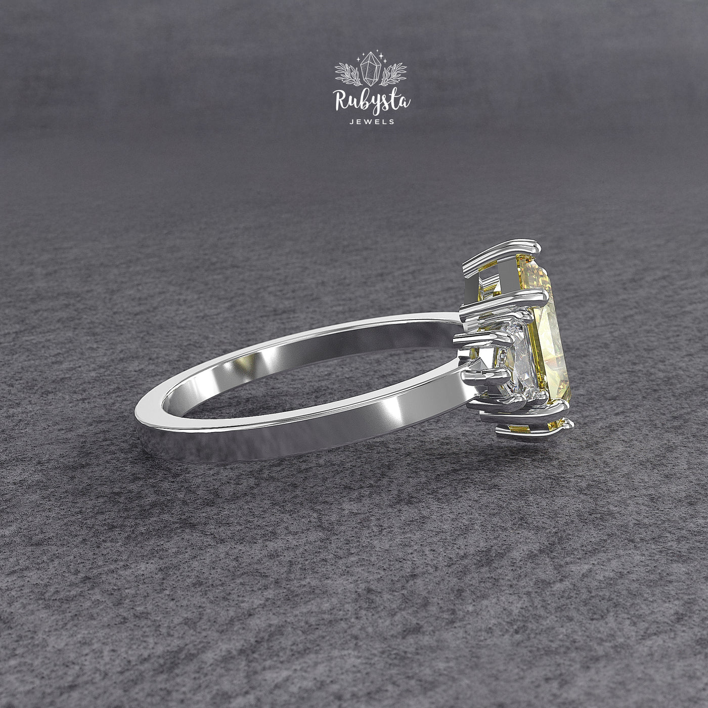 Hexagon Yellow Lab Diamond Three-Stone Engagement Ring