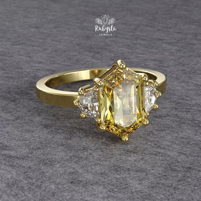 Hexagon Yellow Lab Diamond Three-Stone Engagement Ring