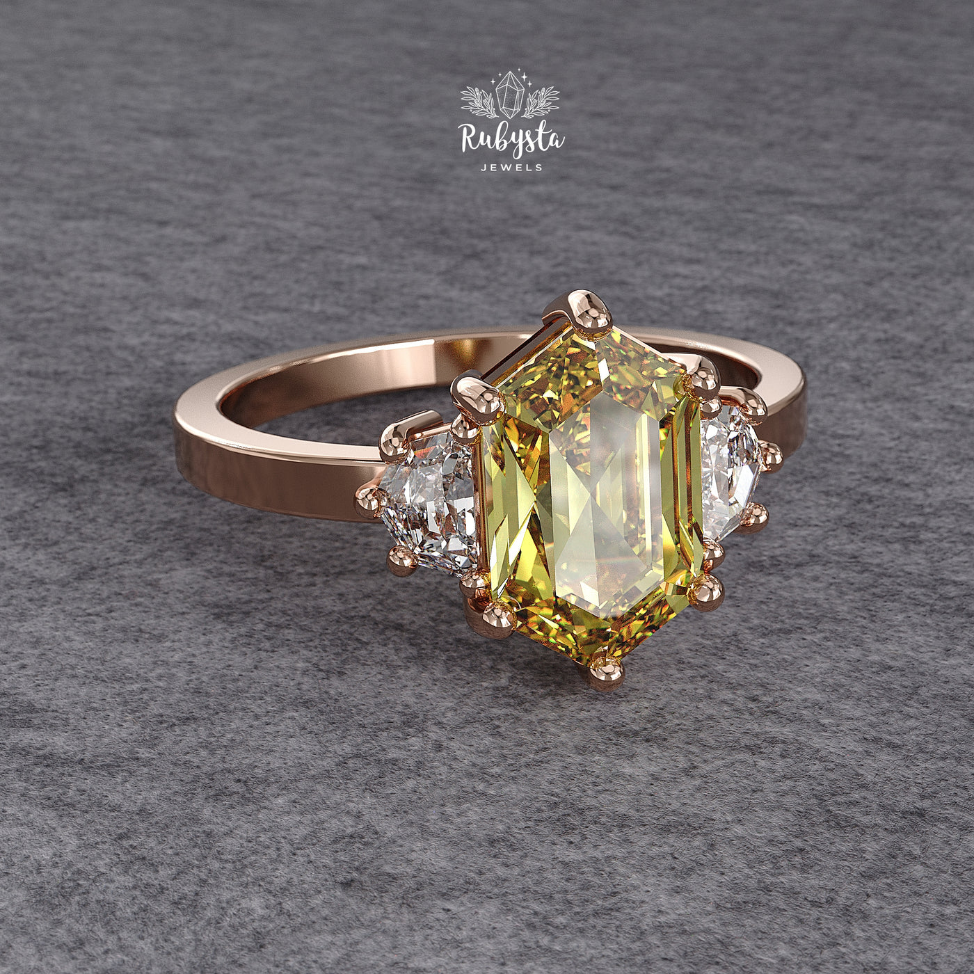 Hexagon Yellow Lab Diamond Three-Stone Engagement Ring
