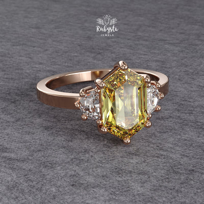 Hexagon Yellow Lab Diamond Three-Stone Engagement Ring