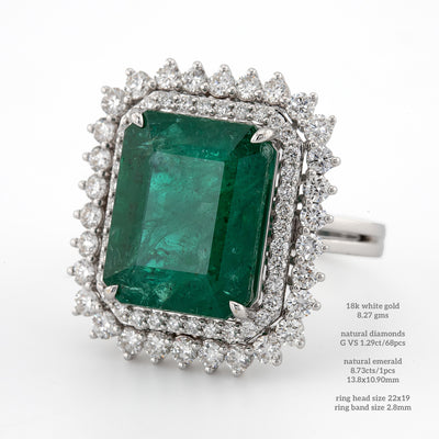 Emerald shaped green emerald color with white diamond halo setting engagement ring